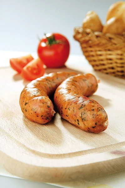 Two Sausages Vegetable Bread Wooden Board — Stock Photo, Image