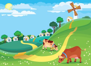 The illustration of country landscape with the village houses and cows grazing in the meadow clipart