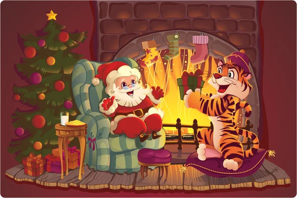 Santa en tiger. — Stockvector