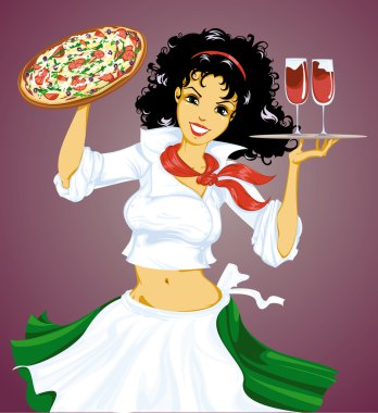 Italian girl with pizza and wine clipart