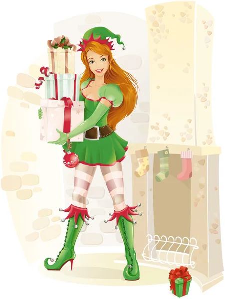 Elfo feminino bonito com presentes de Natal — Vetor de Stock