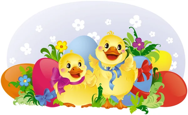 Tarjeta de felicitación de Pascua con patitos y huevos — Vector de stock