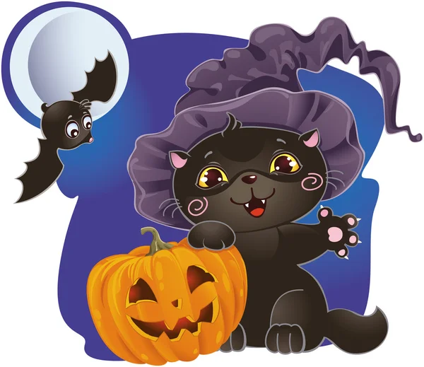 Halloween kattunge med pumpa — Stock vektor