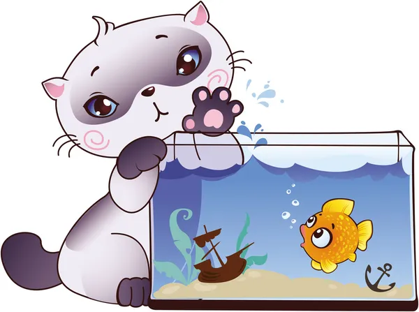 小猫和鱼 — 图库矢量图片