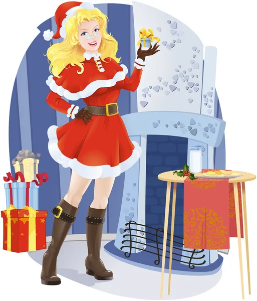 Красивая Санта-девочка с подарком — стоковый вектор
