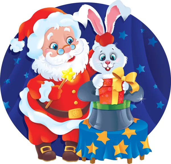Zauberer Weihnachtsmann und Hase — Stockvektor