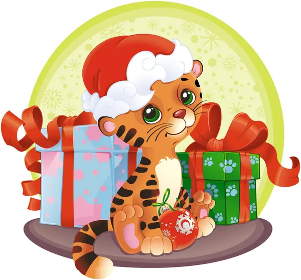 Tigre-filhote com presentes de Natal —  Vetores de Stock