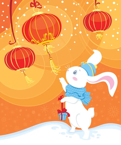白兔子和中国的灯笼 — 图库矢量图片