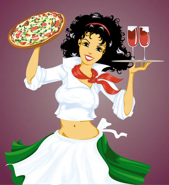 Menina italiana com pizza e vinho — Vetor de Stock