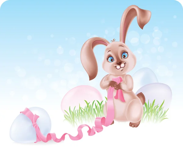 Conejo de Pascua en la caza del huevo — Vector de stock