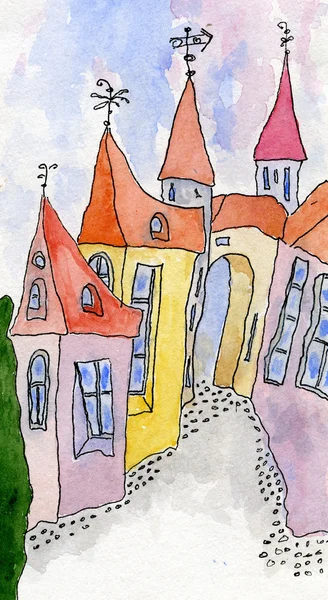 Illustrations Fairy Tale Village Cartoon Watercolor — Stock Photo, Image