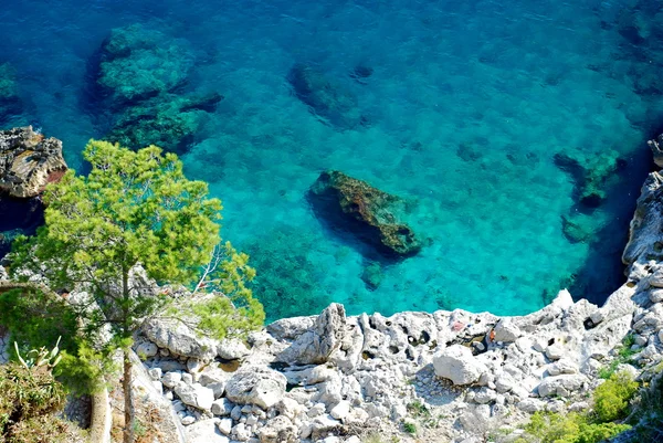 stock image Aerial view of Capri island with beautiful azure blue sea.