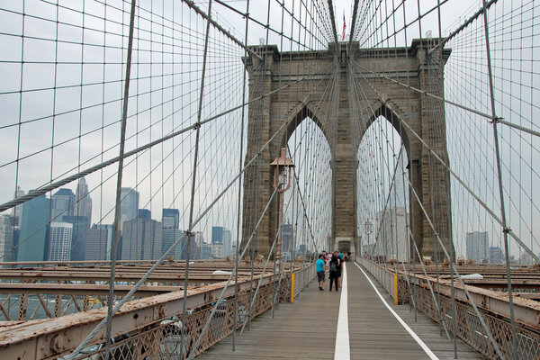 The Brooklyn bridge circa July 2009 in New York City. The Brooklyn Bridge is one of the oldest suspension bridges in the United States.