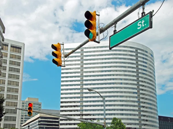 American business street with traffic lights — Stock Photo, Image