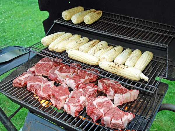 Raw meat with a corn on the grill — Stock Photo, Image