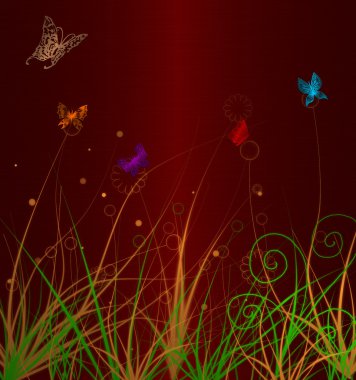 Bordo arka plan üzerinde renkli kelebekler
