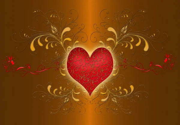 Красное сердце на золотом фоне — стоковое фото