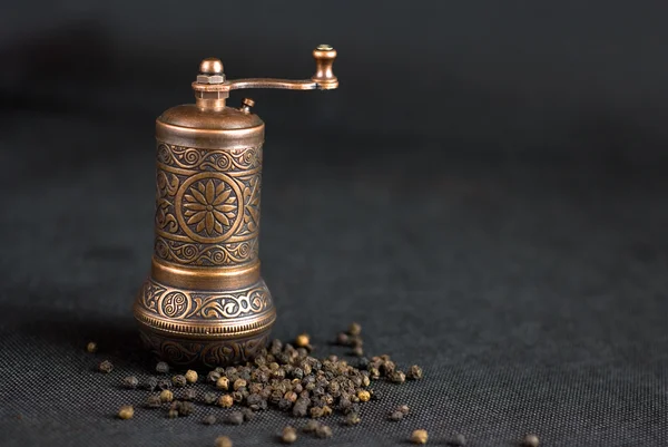 Vintage still life with brass pepper mill standing on the grey background — Stock Photo, Image