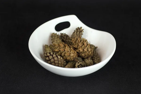 Fir cones in white bowl on a black background — Stock Photo, Image