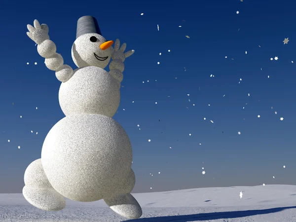 Snowman Vuela Con Nieve Manos Arriba — Foto de Stock