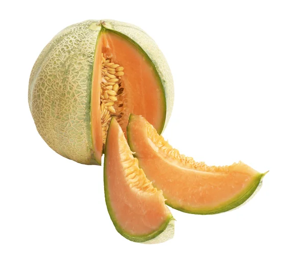 Meloen Twee Segmenten Geïsoleerd Witte Achtergrond Rechtenvrije Stockafbeeldingen