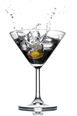 Cocktail splash with an olive over white clipart