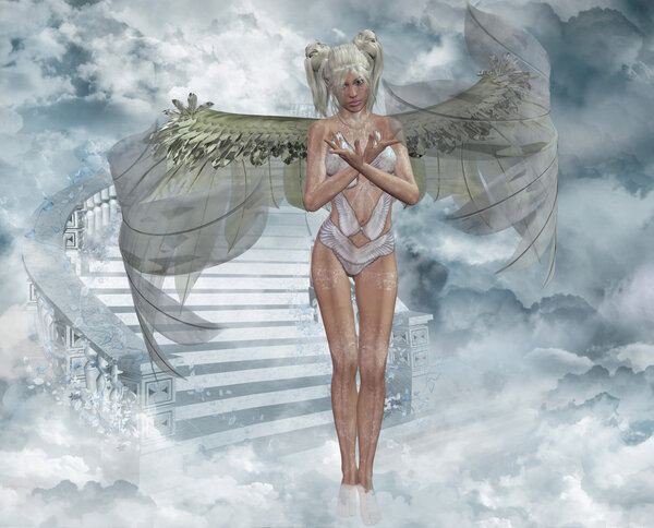 Illustration of an angel in heaven with stairs
