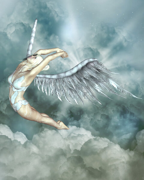 Illustration of a flying angel in heaven