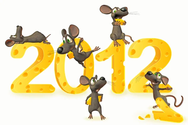 Happy new year with cheese and mice — Stock Photo, Image