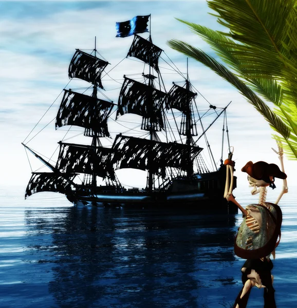 Pirata scheletro e nave fantasma — Foto Stock