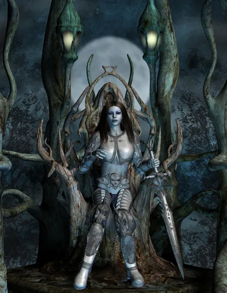 Mulher em um trono de fantasia na floresta — Fotografia de Stock