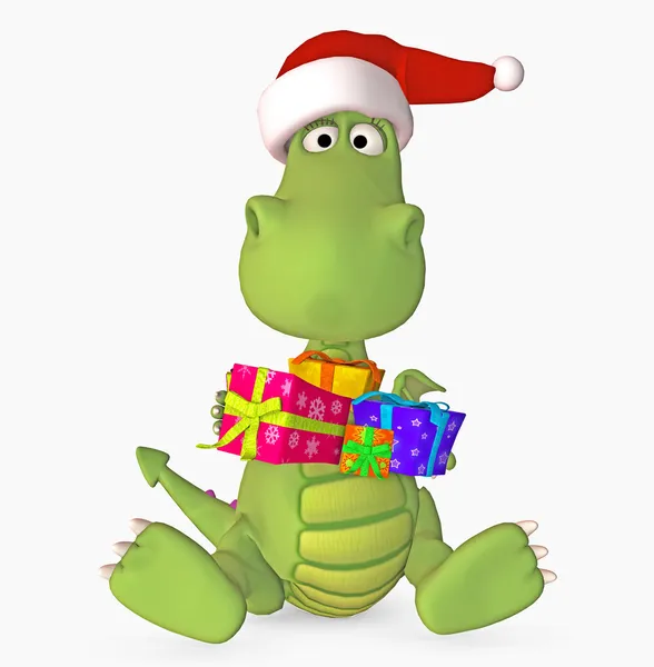 Niedlicher Drache mit Geschenk und Weihnachtsmütze — Stockfoto