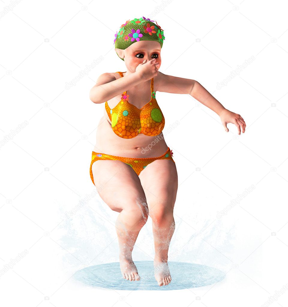 Thick woman jumping into a pool