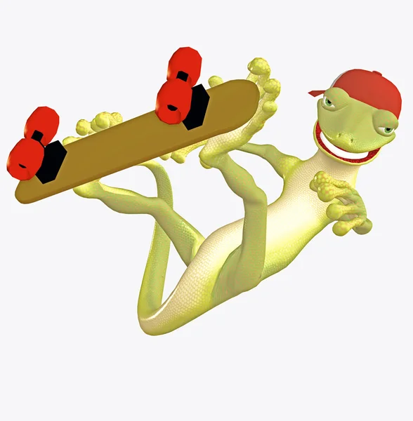 Gecko på en skateboard — Stockfoto