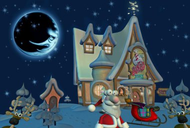 Happy santa and his reindeers clipart