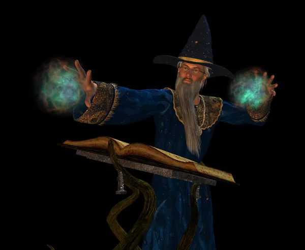 Старий чарівник, що кидає закляття — стокове фото