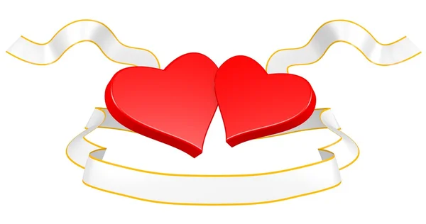 Два Сердца Золотой Лентой Белом Фоне — стоковое фото