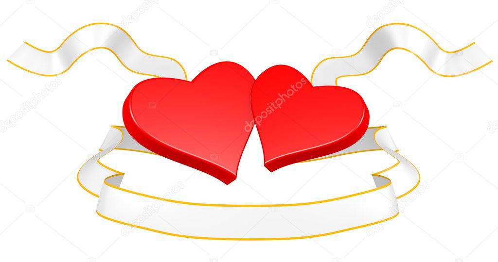 Two hearts with a gold ribbon on a white background