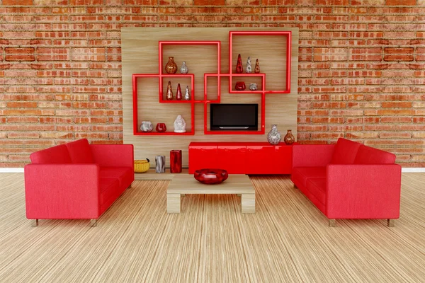 3D-Innenraum mit rotem Sofa — Stockfoto