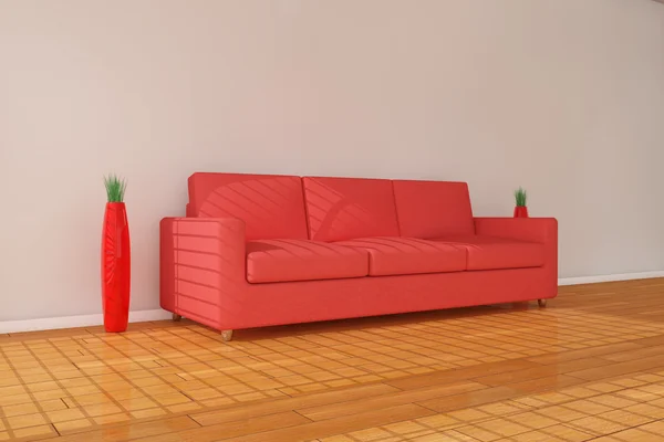 3d красный диван с вазой — стоковое фото