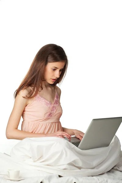 Girl cheking e-mail in the morning — Stock Photo, Image