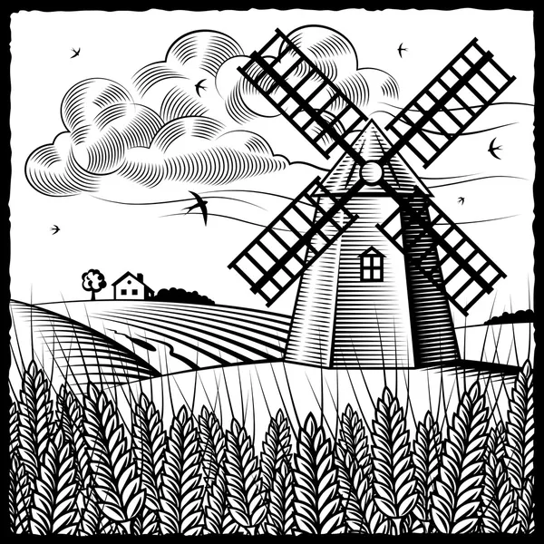 Landschaft mit Windmühle schwarz-weiß — Stockvektor