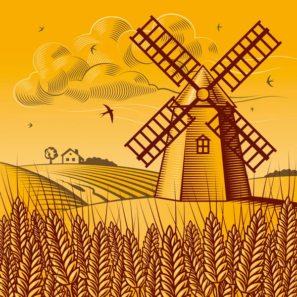 Paysage avec moulin à vent — Image vectorielle