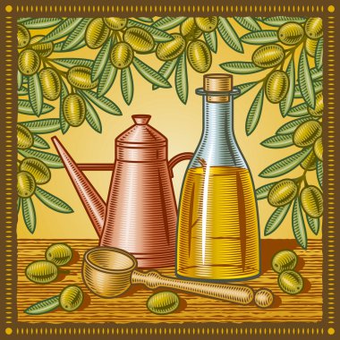 Retro olive oil still life clipart