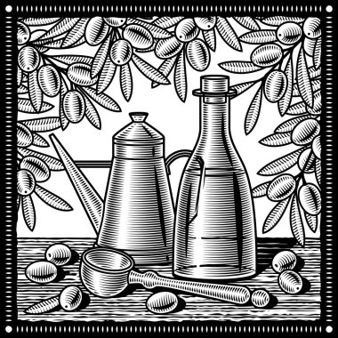 Retro olive oil still life black and white clipart