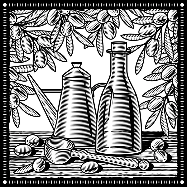 Aceite de oliva retro bodegón blanco y negro — Vector de stock