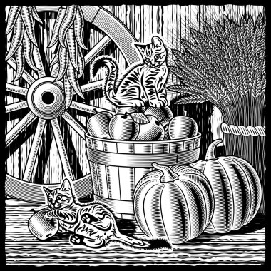 Retro barn with harvest black and white clipart