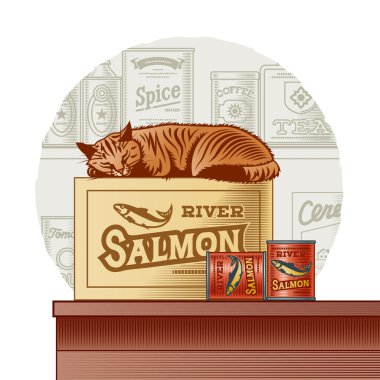 Retro canned fish and sleeping cat clipart