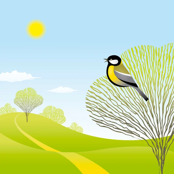 Paysage printanier avec oiseau — Image vectorielle