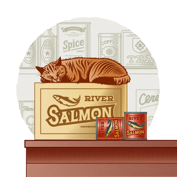 Retro balık ve uyuyan kedi konserve — Stok Vektör